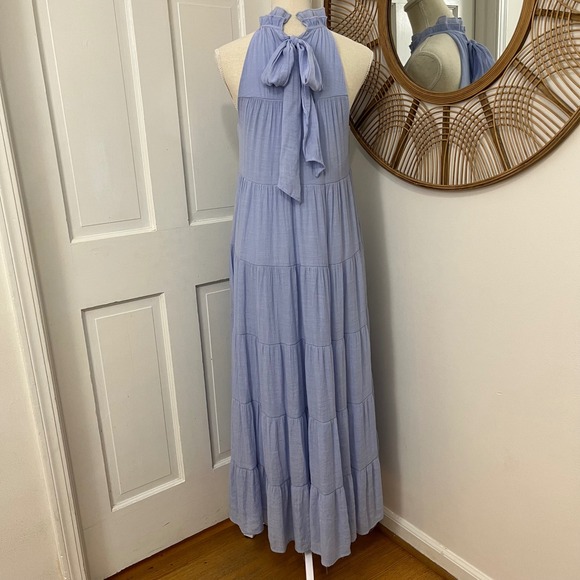 Indigo Soul Maxi Dress Sz S Tiered Boho Coastal Resort Wedding Guest Cotttage - Picture 2 of 8